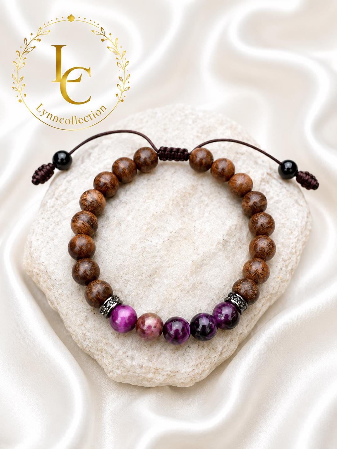 Bracelet for HIM AND HER, Made it with 8mm Sandalwoods and 8mm Purple Tiger’s Eye, Adjustable knotted cord