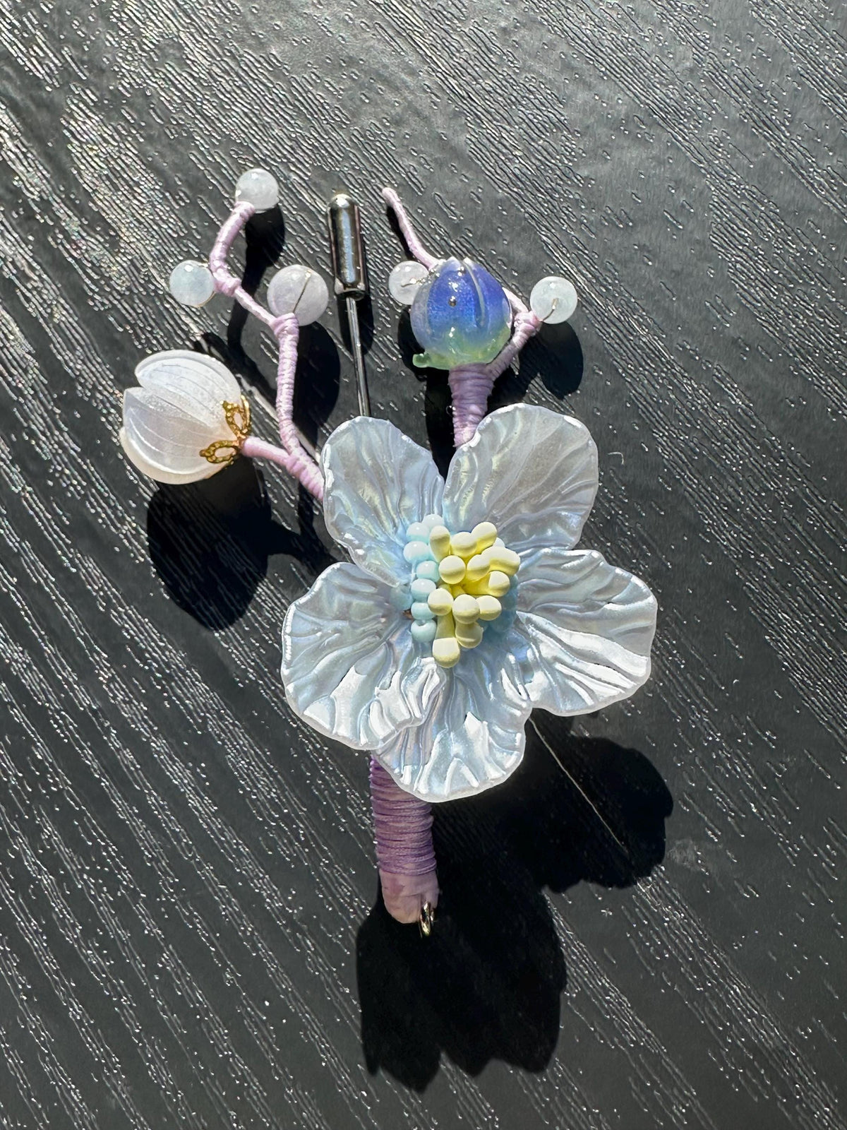 Handmade  brooch, Blue color acrylic beads and gemstone beads with silk thread