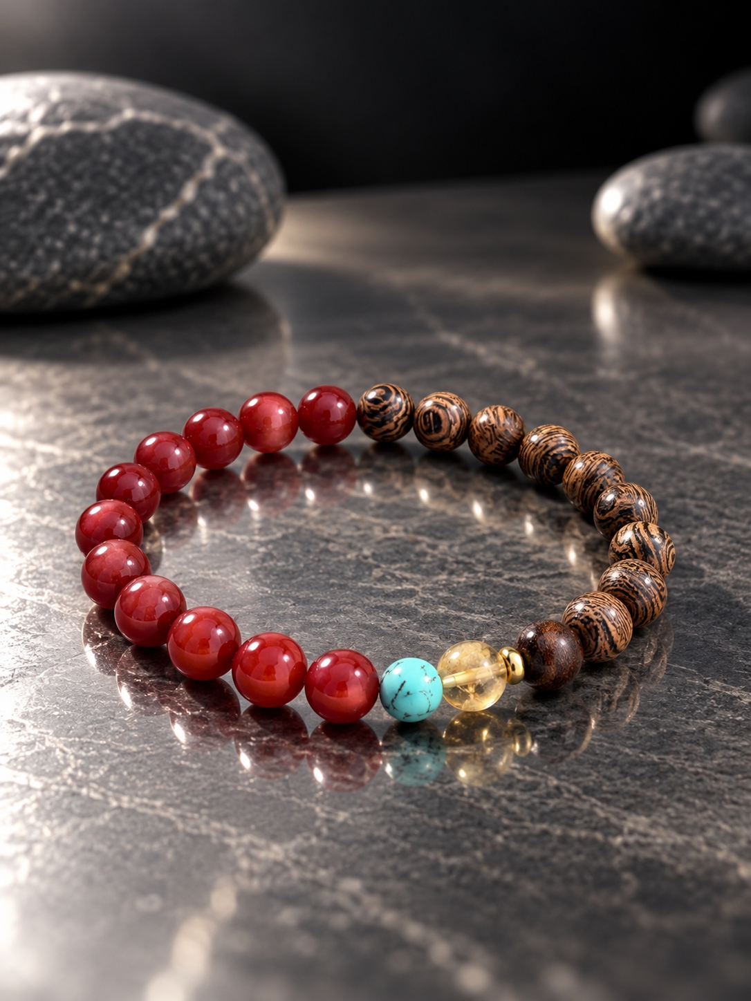 Bracelet for HIM AND HER, Made it with 6mm  Sandalwoods and 6mm nurture Red agate, 1pc Turquoise,1pc citrine crystalwith Elastic stretch cord