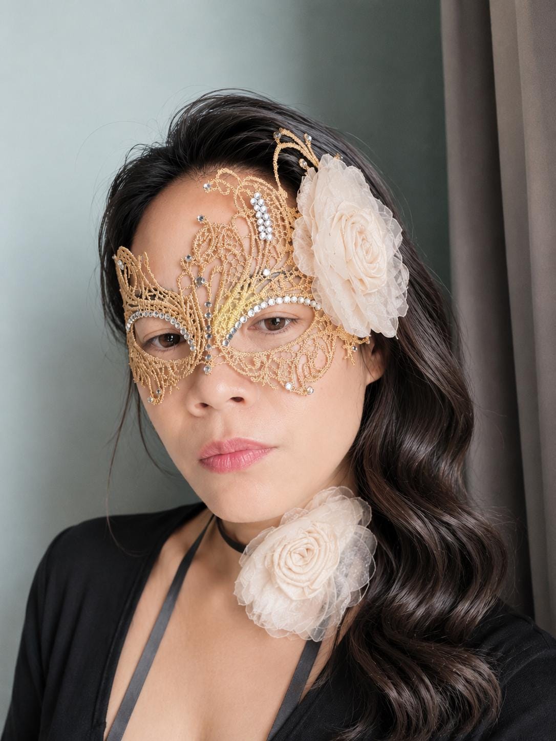 Gold color Masquerade Mask with ivory color fabric flower, and silk flower choker, Halloween mask ( price includes mask and choker