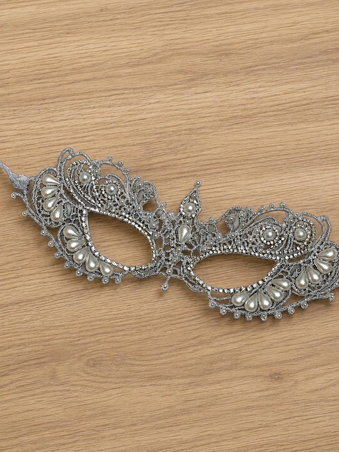 Gray color Lace Masquerade Mask, Embroidered Party Mask with white Resin Pearls and rhinestone, party mask