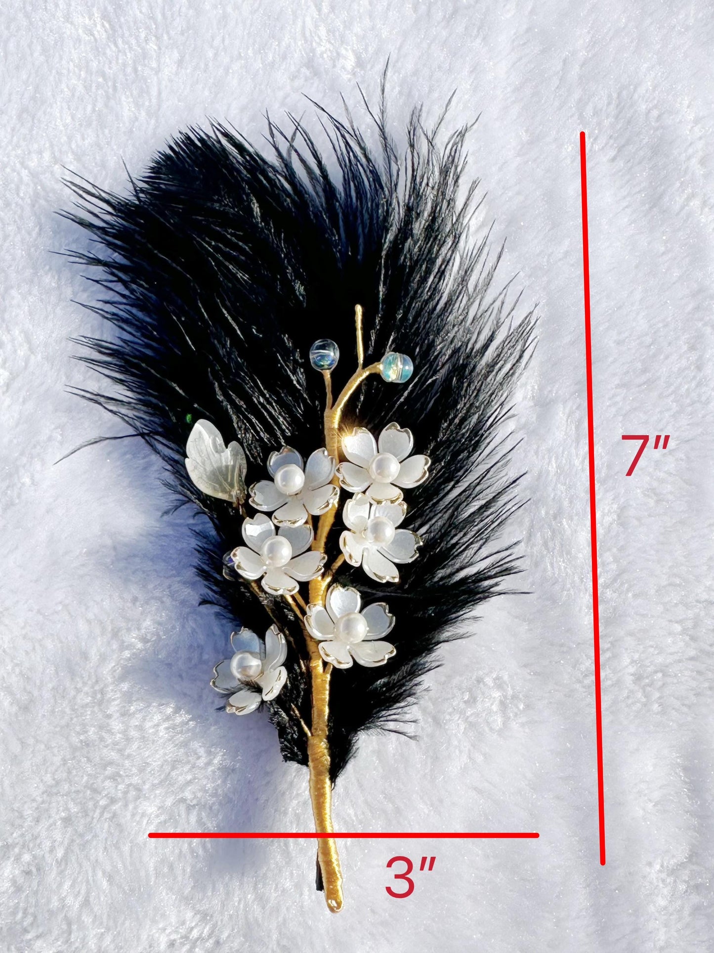 Handmade brooch, white color cherry blossom flowers and Ostrich feather brooch, size 7”x3”