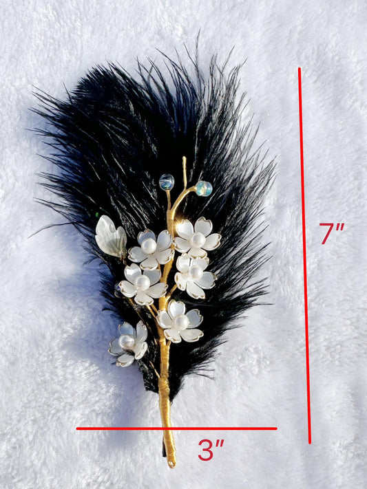Handmade brooch, white color cherry blossom flowers and Ostrich feather brooch, size 7”x3”