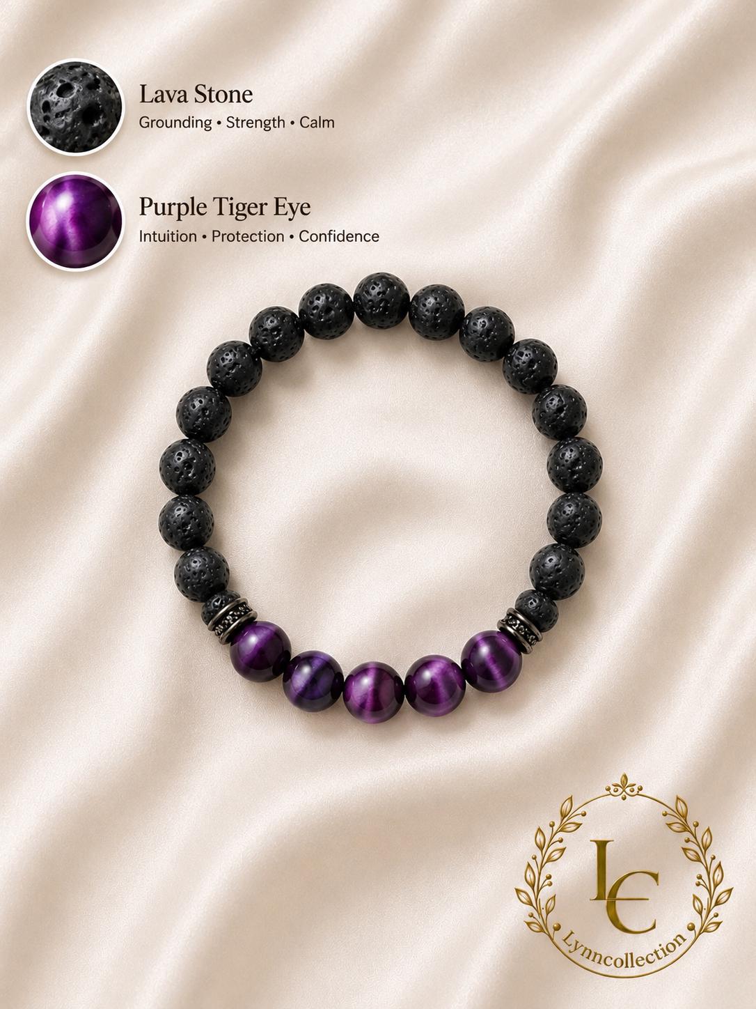 Gemstone Bracelet for HIM OR HER. Black Lava Stone & Purple Tiger Eye Bracelet , Elastic Stretch Cord Gemstone Bracelet