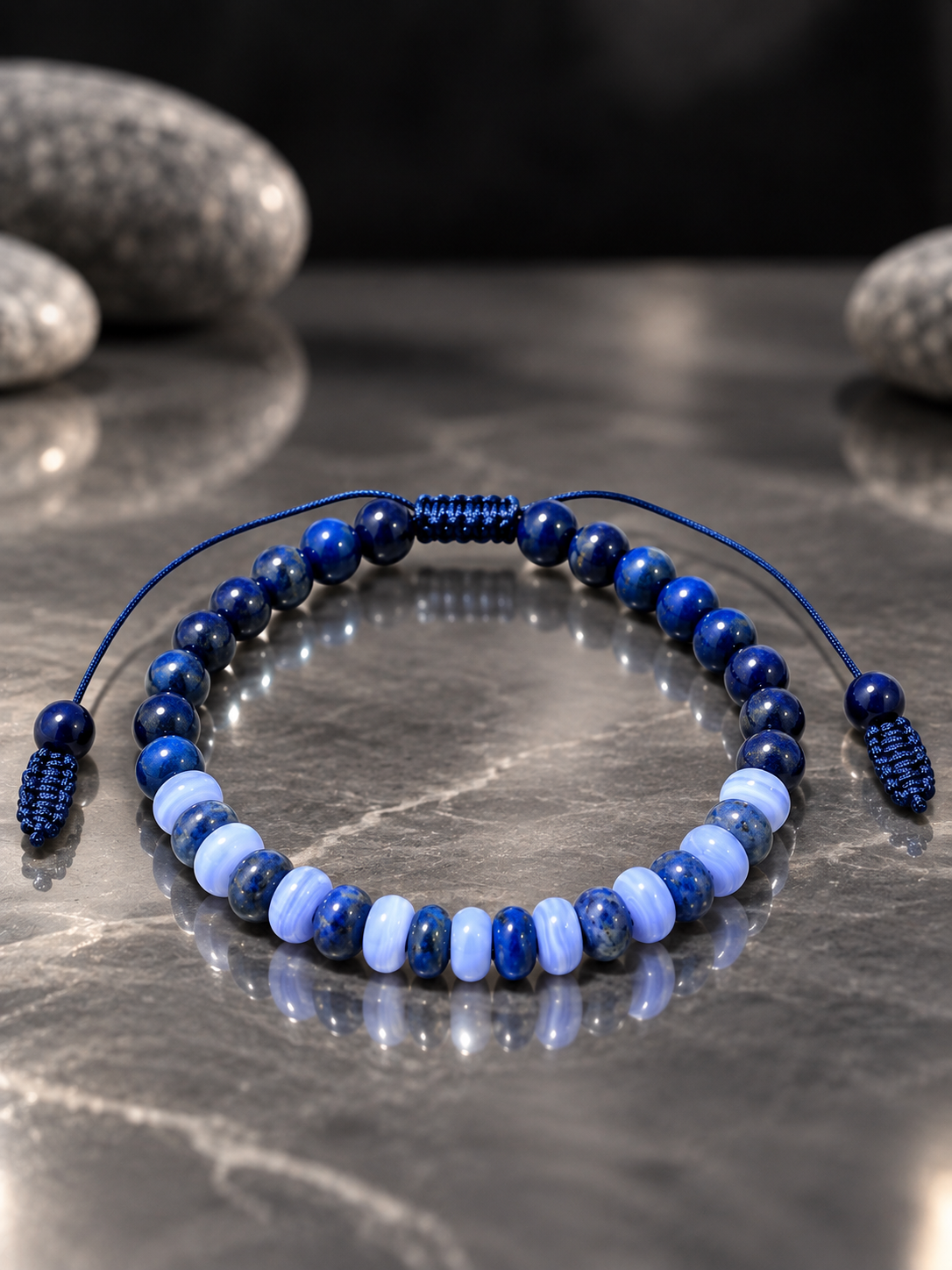 Handmade Bracelet for HIM OR HER. Made with lapis lazuli, blue lace agate, Adjustable knotted Cord
