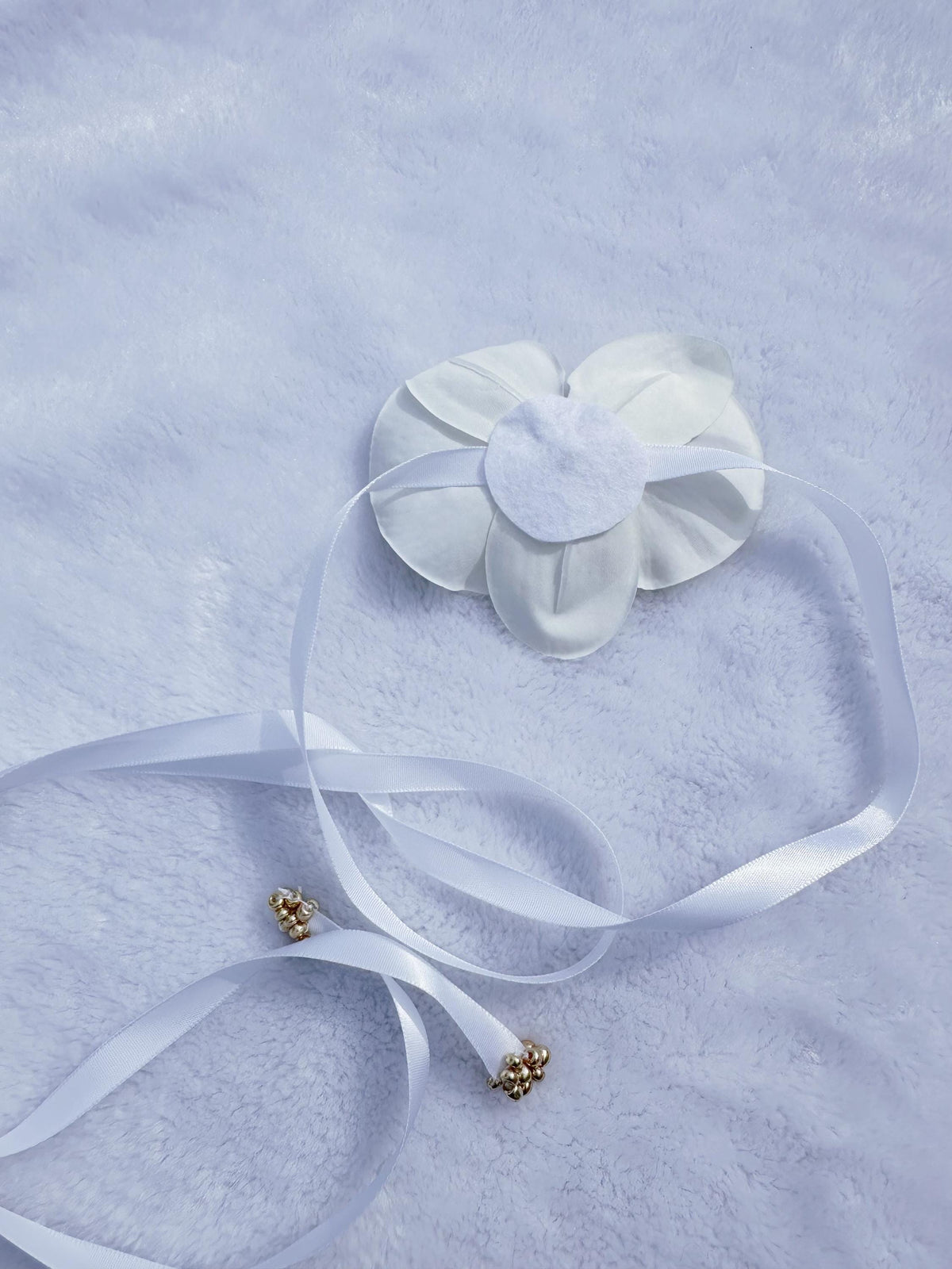 Handmade Ivory Orchid Choker: Gold Beads, Freshwater Pearl Ribbon