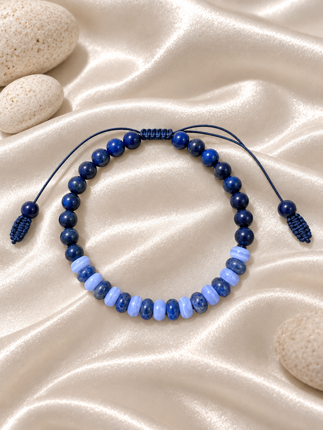 Handmade Bracelet for HIM OR HER. Made with lapis lazuli, blue lace agate, Adjustable knotted Cord