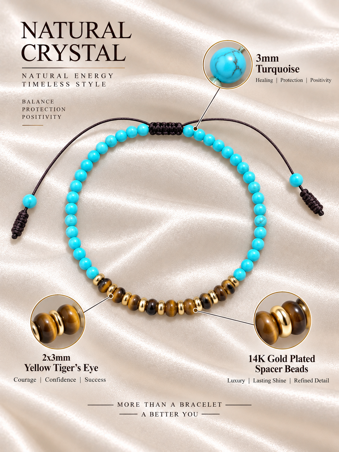 Handmade Bracelet for HIM OR HER. Made with 3mm turquoise, 2x3mm yellow tiger’s eye. 14K Gold Plated Spacer Beads, Adjustable knotted Cord