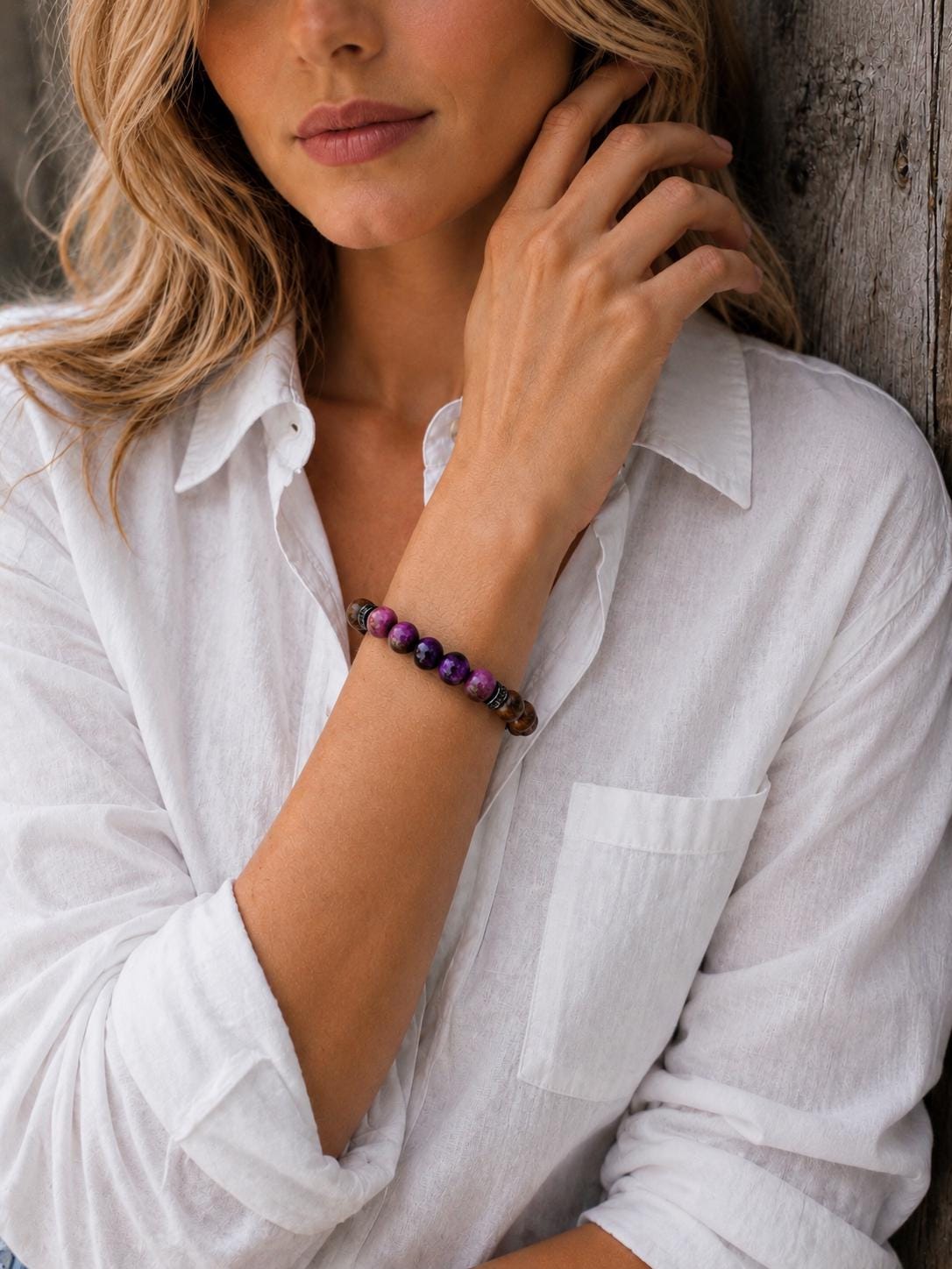 Bracelet for HIM AND HER, Made it with 8mm Sandalwoods and 8mm Purple Tiger’s Eye, Adjustable knotted cord