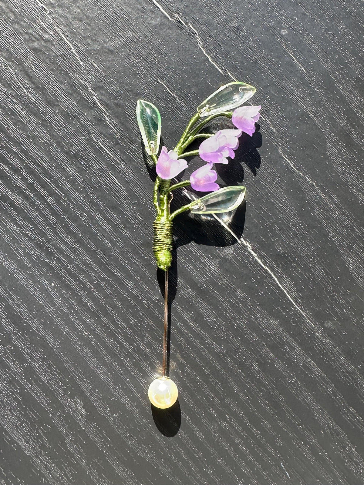 Handmade Lily of the Valley brooch, ( purple color) with silk thread
