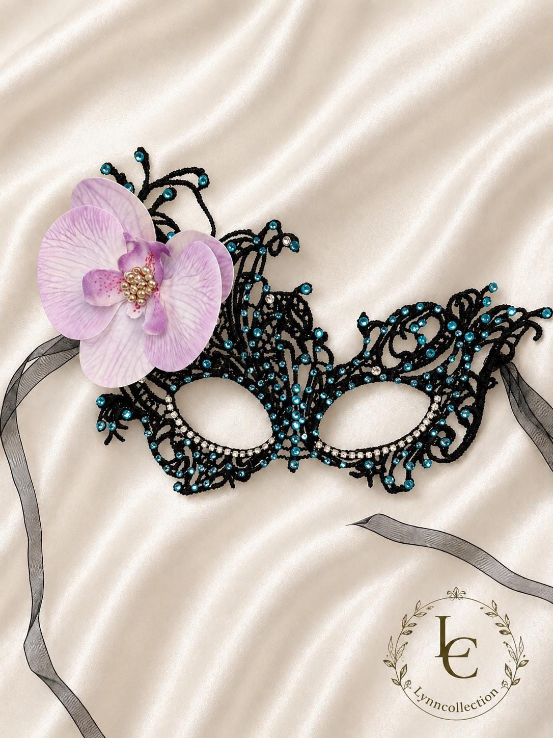 Lace masquerade Mask, with fabric Orchid flower and rhinestone, Masquerade Party mask, Halloween Party mask