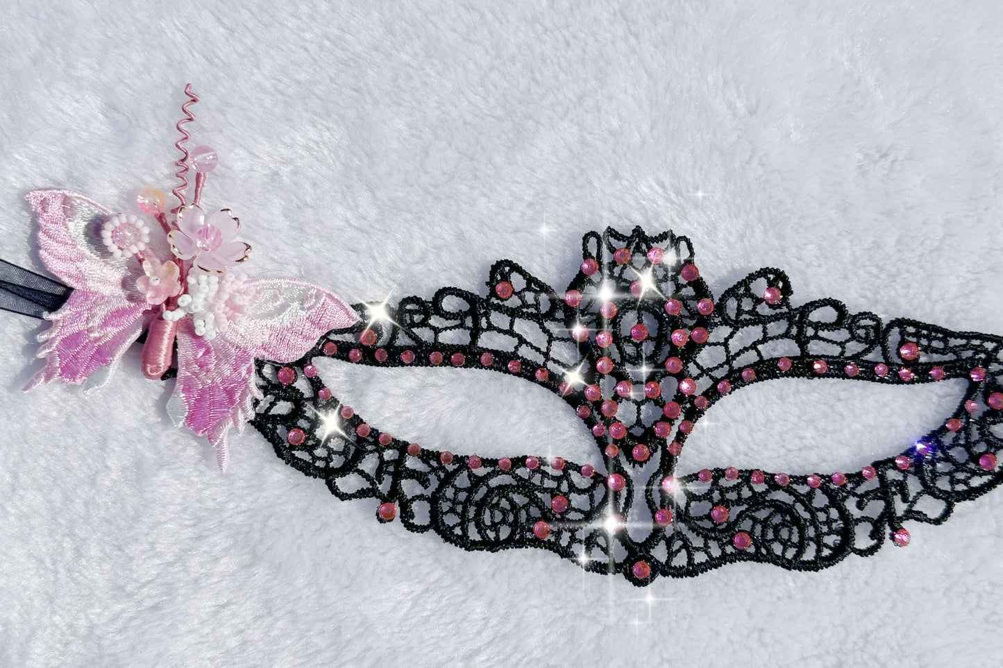 Black Lace Masquerade Mask, with Pink Color rhinestone and butterfly, handmade flowers Mask for Ball Party/Halloween