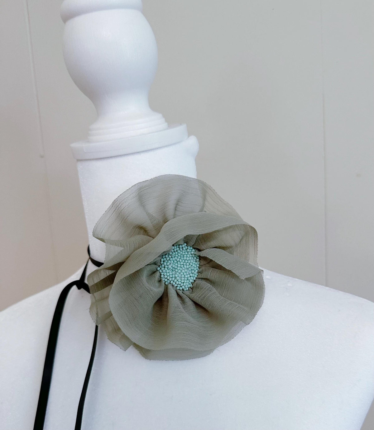 Handmade Peach Ribbon Flower Choker: Black Velvet Vintage Necklace