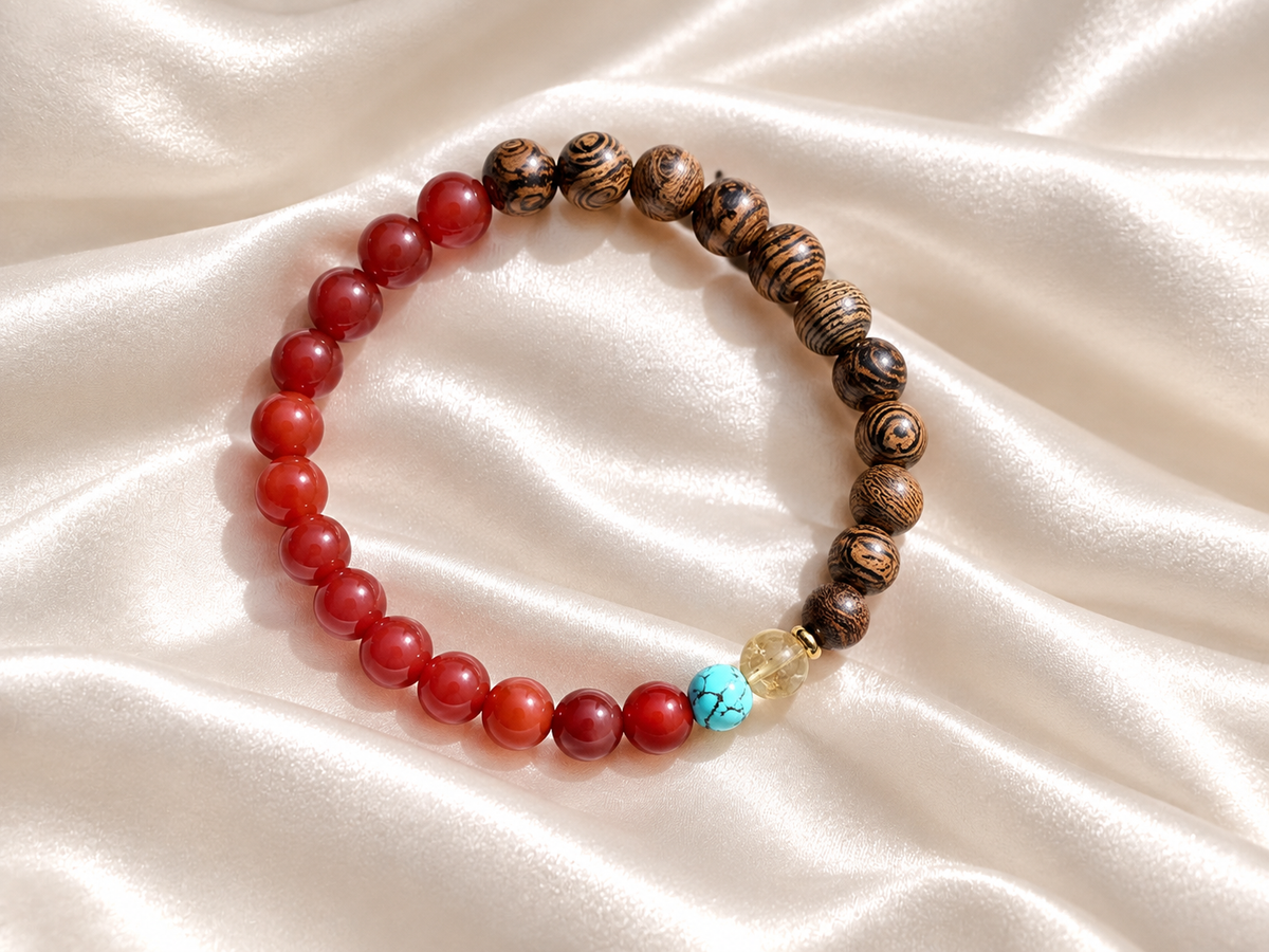 Bracelet for HIM AND HER, Made it with 6mm  Sandalwoods and 6mm nurture Red agate, 1pc Turquoise,1pc citrine crystalwith Elastic stretch cord