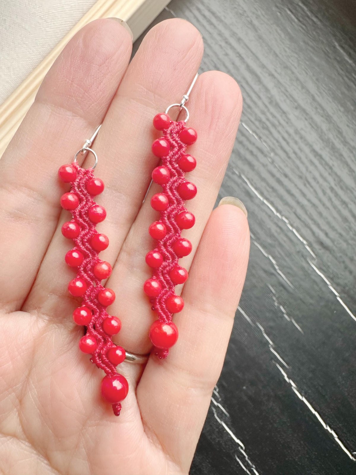 Red Coral Macrame Earrings, 925 Sterling Silver Hooks