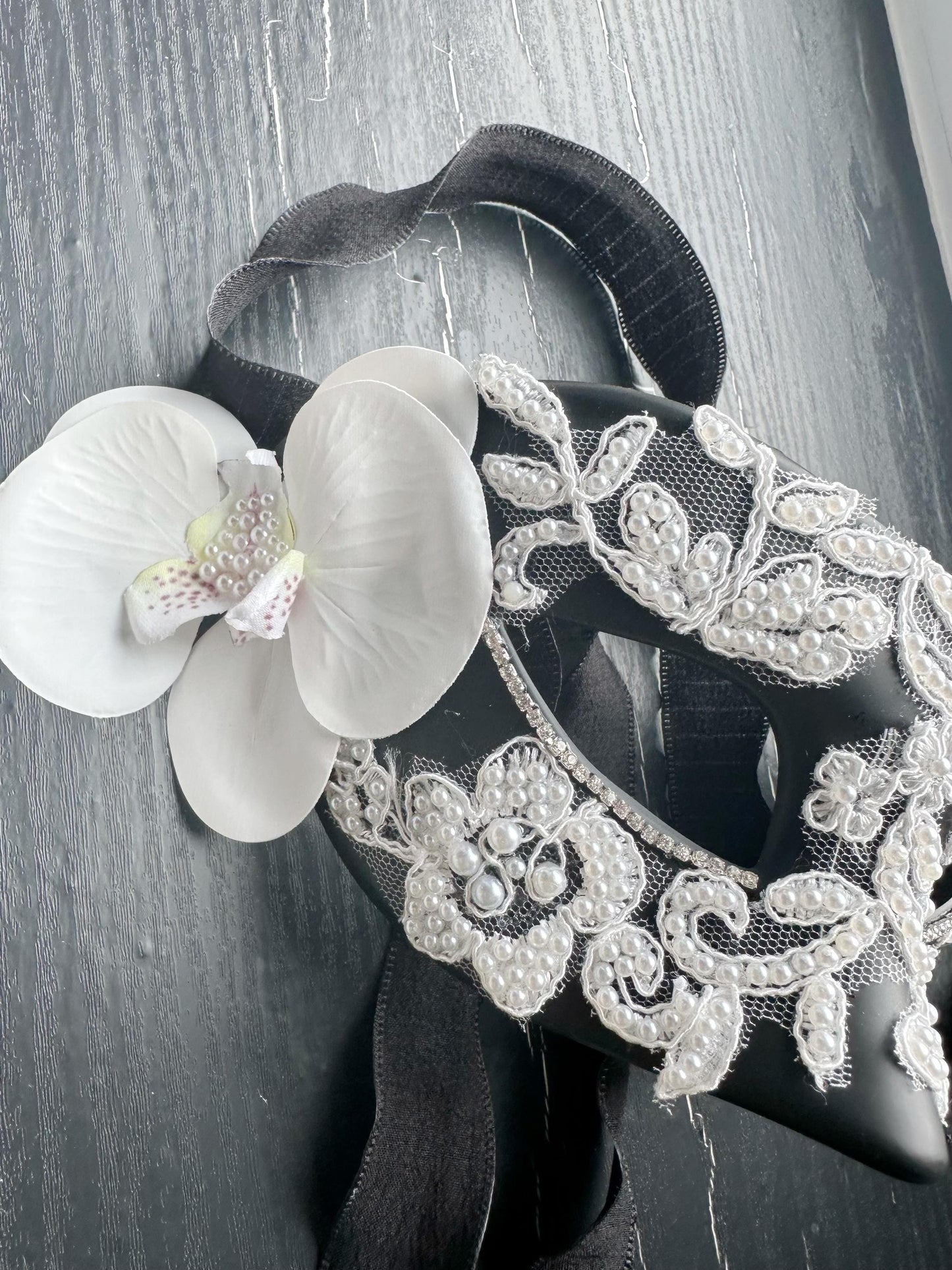 Lace Masquerade Mask: White Orchid with black Venetian Mask and white lace, Mardi Gras Ball (3.15"x7")