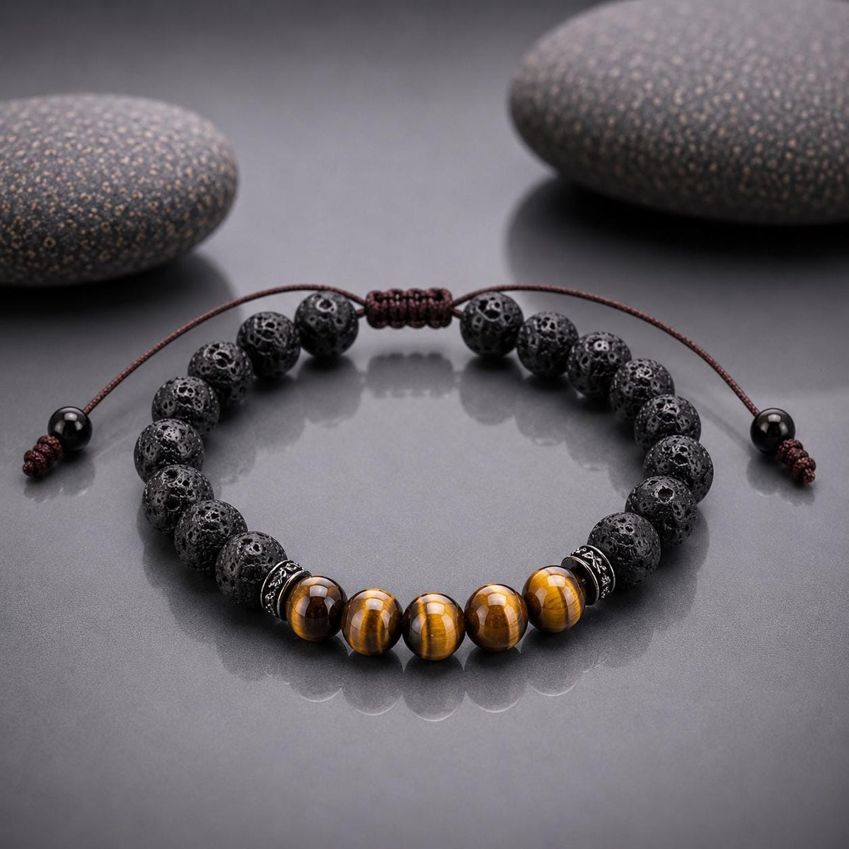 Gemstone Bracelet for HIM OR HER. Black Lava Stone & Tiger Eye Bracelet ,Adjustable Natural Gemstone Bracelet