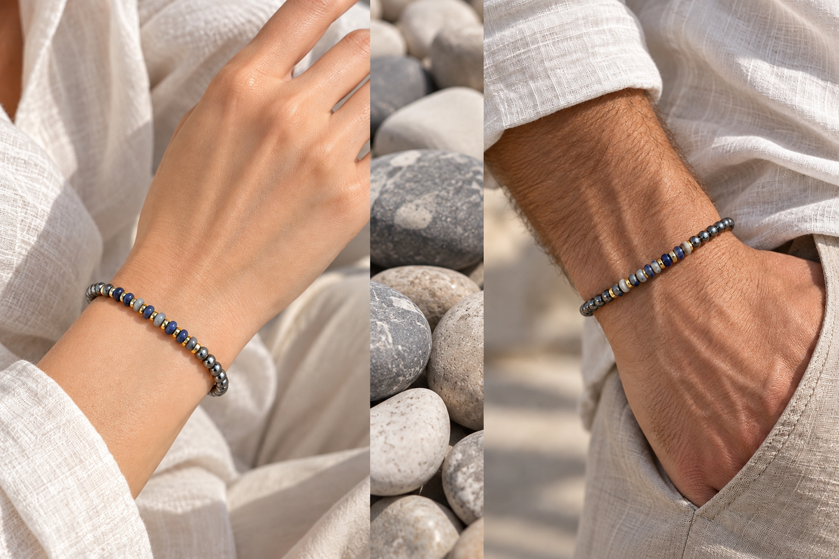 Handmade Bracelet for HIM OR HER. Made with 4mm Black Hematite, 2x4mm Blue White Sodalite, 14k gold plated spacer, Adjustable knotted Cord