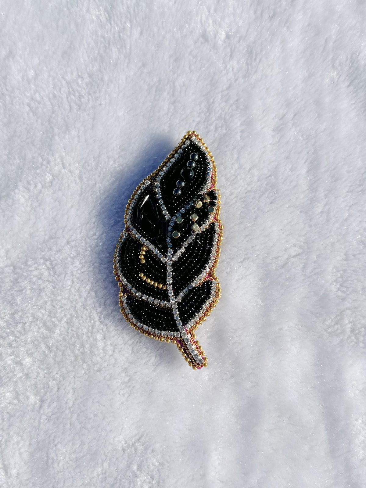 Beaded brooch, black color feather brooch, with seed beads and gemstones bead, size 4” x 2”