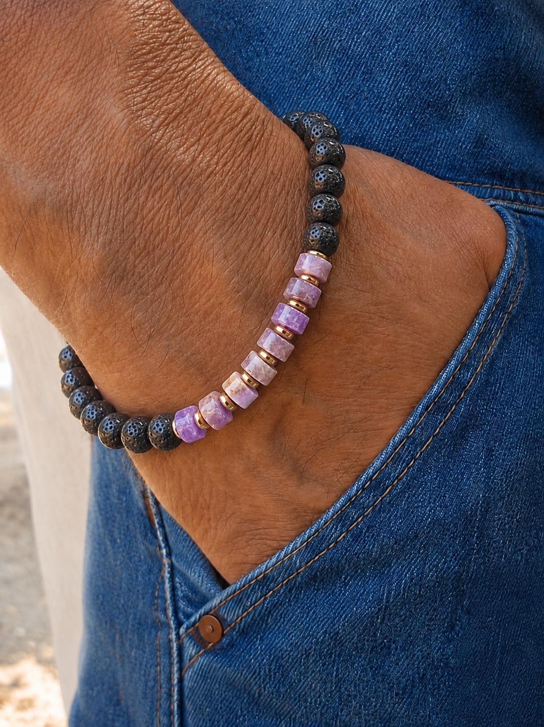 Lava Stone Beaded Bracelet for Men OR Women – Lavender Amethyst, Lava Stone , 14k gold plated space   -Adjustable