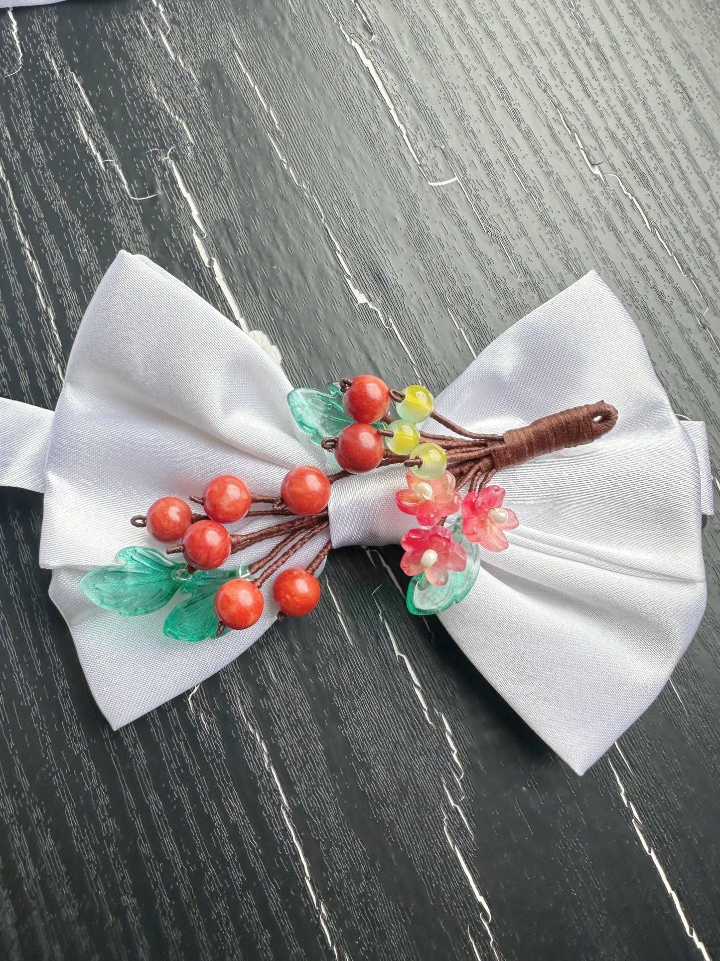 Handmade Bow Tie for women Men,Boys – White Satin Bow Tie with Red Coral beads made Cherry Branch – Asian Inspired Wedding Formal Accessory