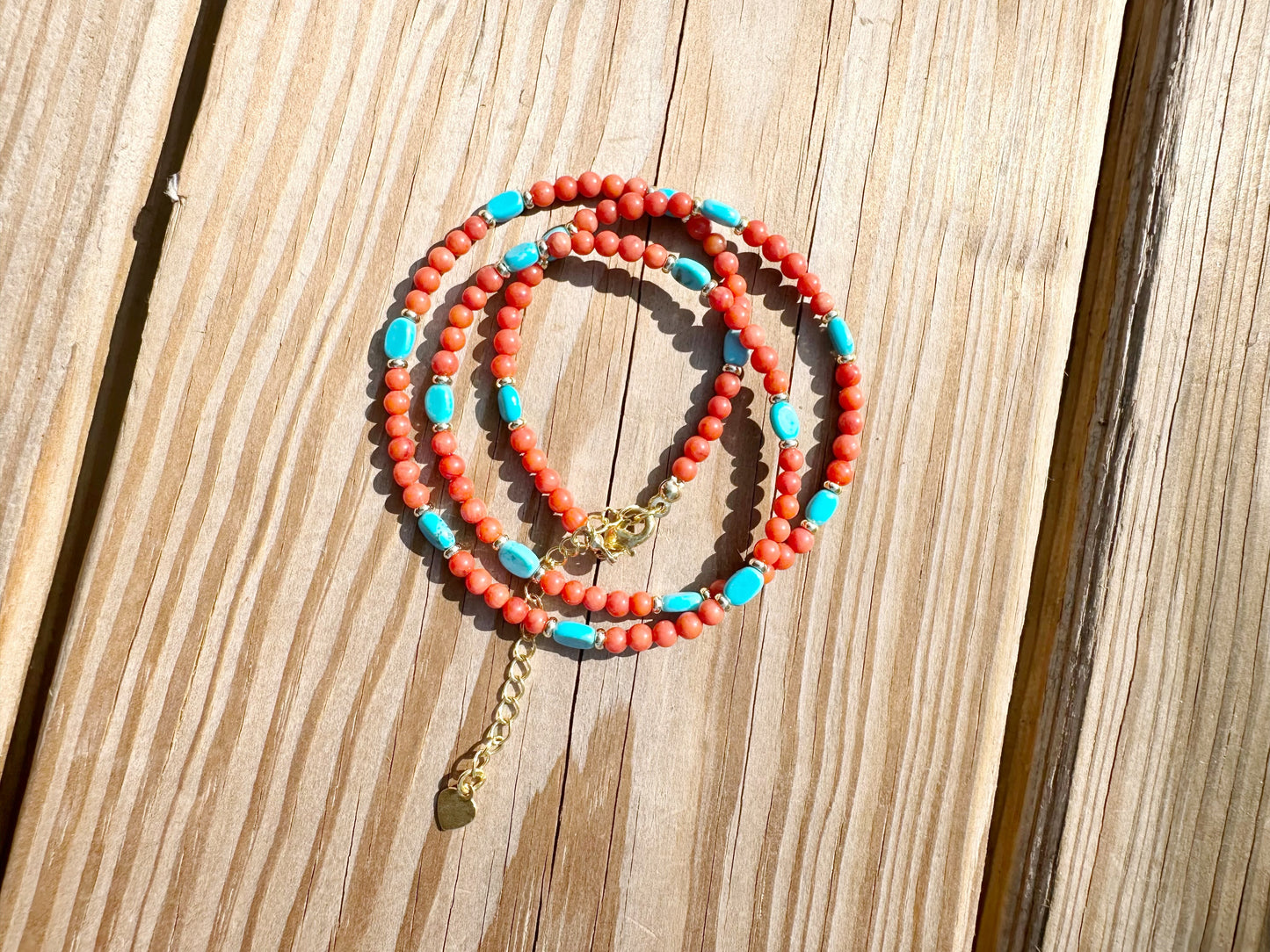 925 Sterling Silver gold plated with Red Coral And Turquoise three row bracelet and necklace ( two in one)