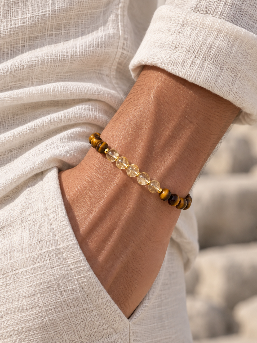 Handmade Bracelet for HIM OR HER. With  6mm yellow tiger’s eye, 6mm citrine crystal, 14K Gold Plated Spacer Beads, Adjustable knotted cord