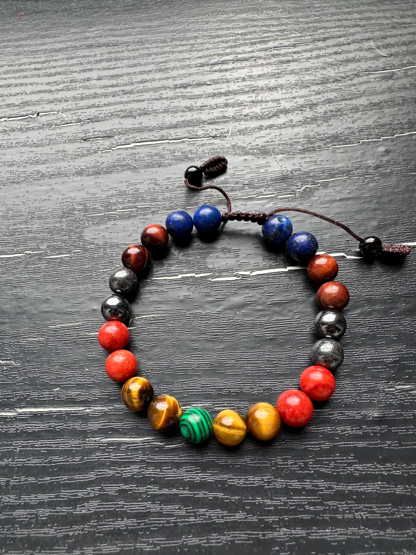 Bracelet For Men Natural Stone mixed Beads 8mm with Lapis Lazuli,Red Tiger eye,Hematite,Coral, Yellow Tiger Eye, one piece Malachite in the middle Stretch Bracelets Adjustable Bracelet for Men