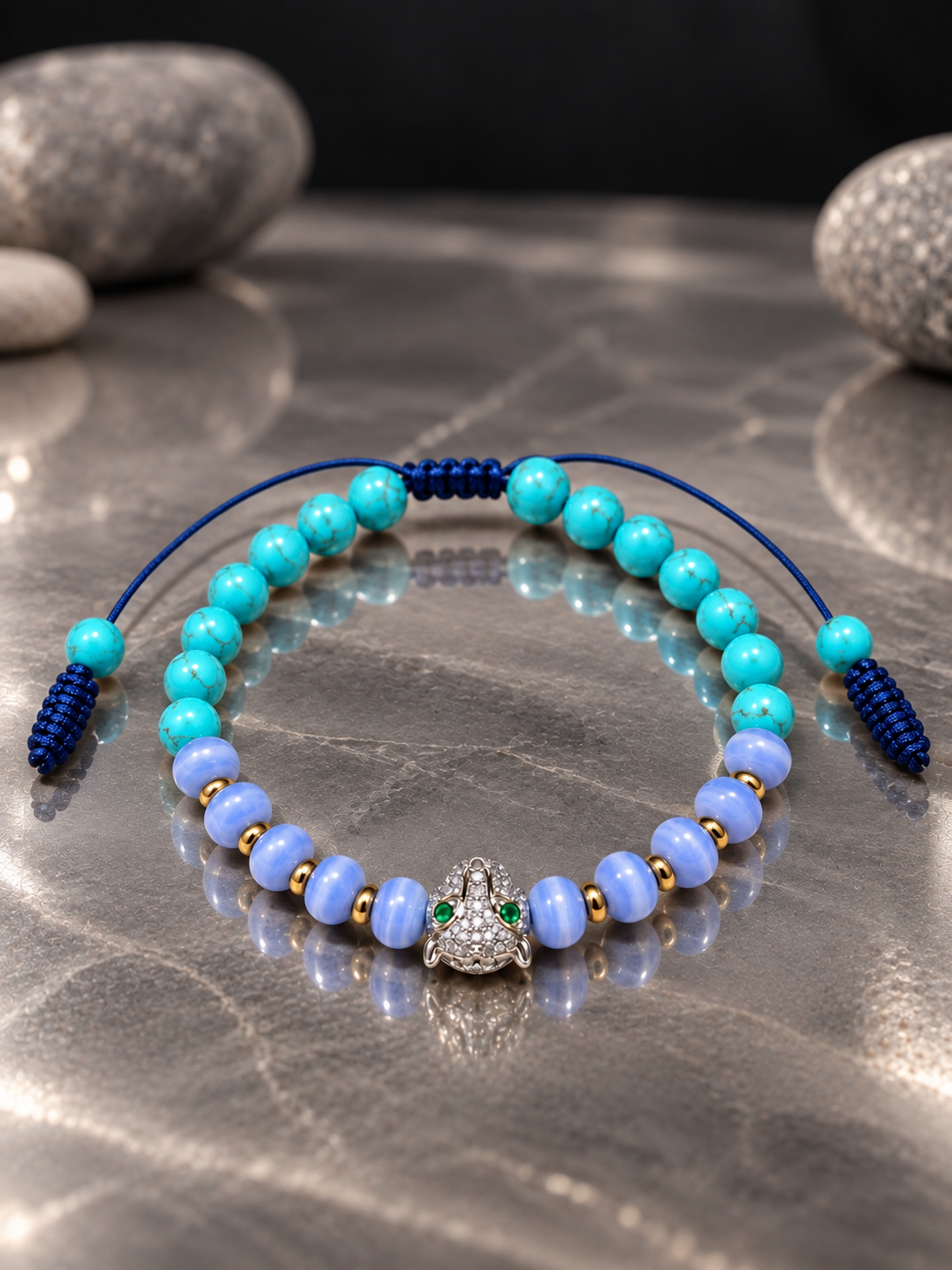 Handmade Bracelet for HIM OR HER. Made with turquoise, blue lace agate, 14K Gold Plated Spacer Beads. Leopard Charms Adjustable knotted Cord