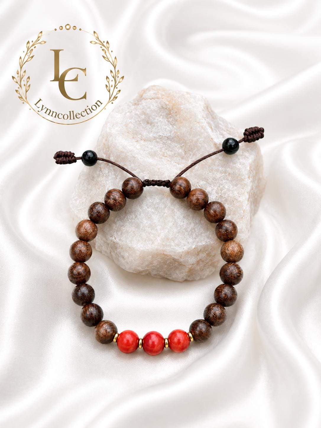 Bracelet for HIM AND HER, Made it with 8mm Sandalwoods and 8mm Red Coral, Adjustable knotted cord