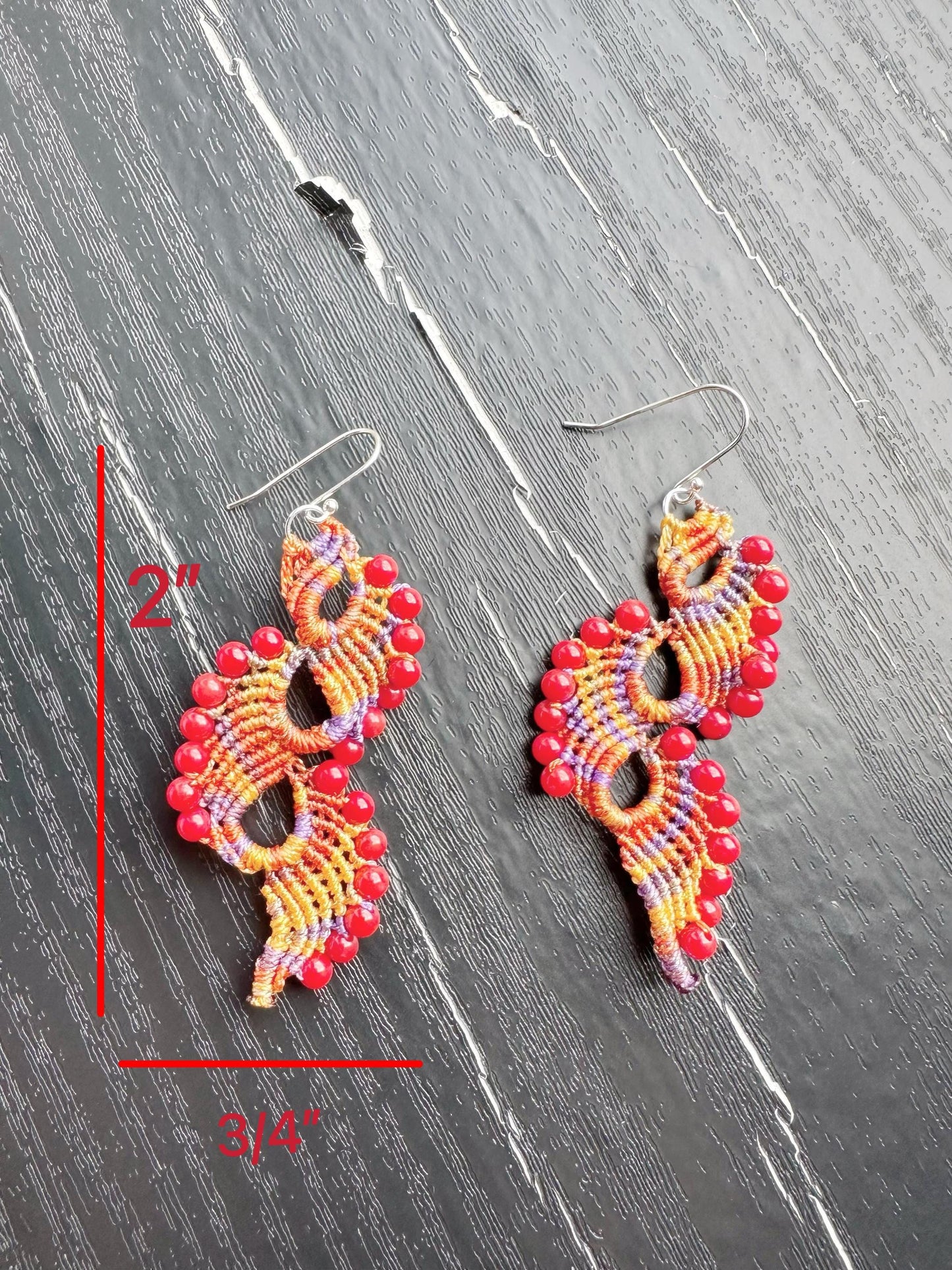 Handmade  Macrame Earrings peacock tail with coral beads and 925 sterling silver hooks
