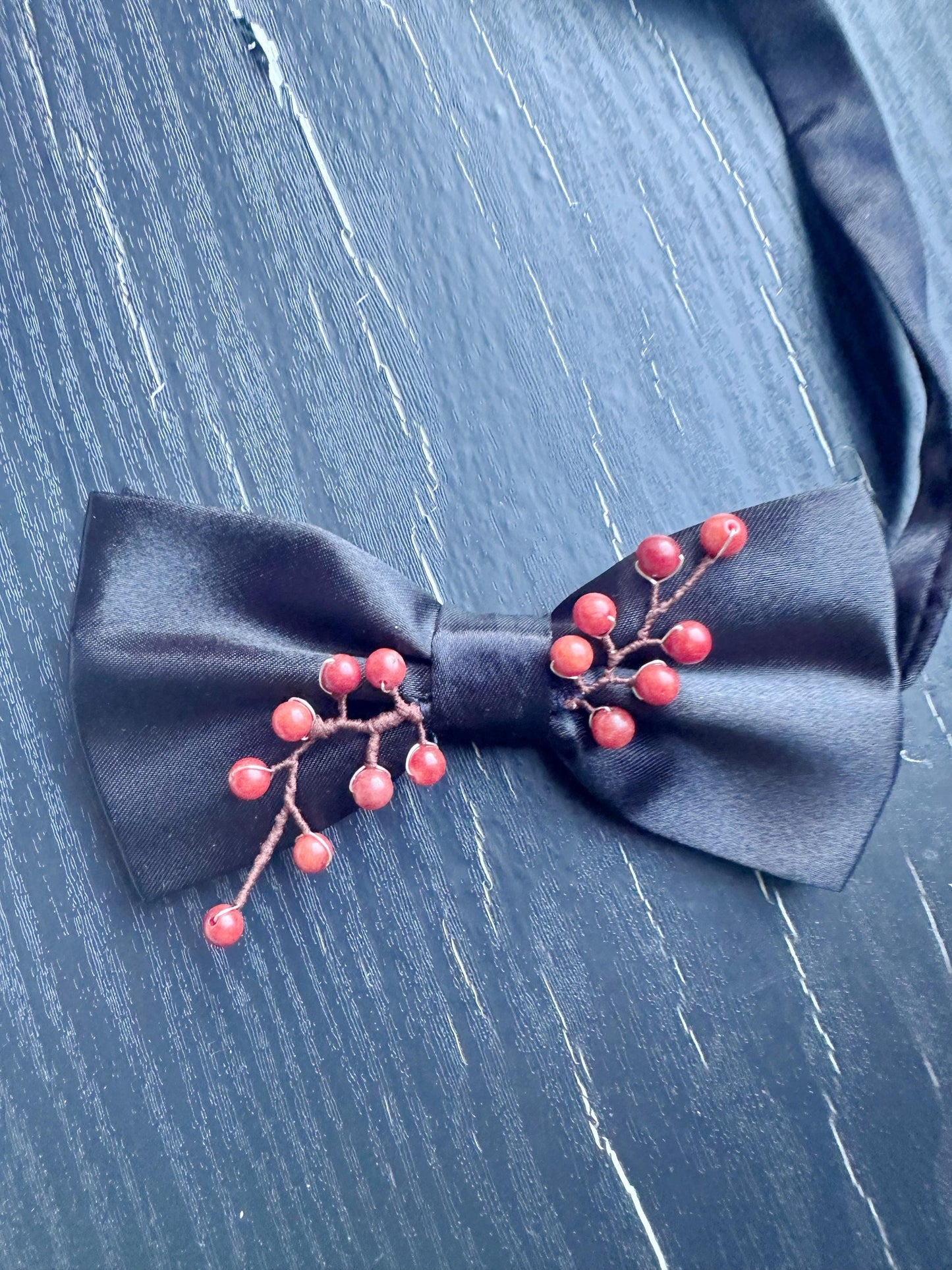 Handmade Bow Tie for women Men,Boys – Black Satin Bow Tie Red Coral beads made Cherry Blossom Branch – Asian Inspired , Formal Accessory