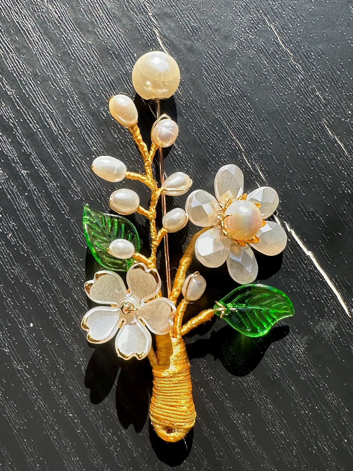 Handmade  brooch,  white color acrylic beads and freshwater pearls with gold color silk thread