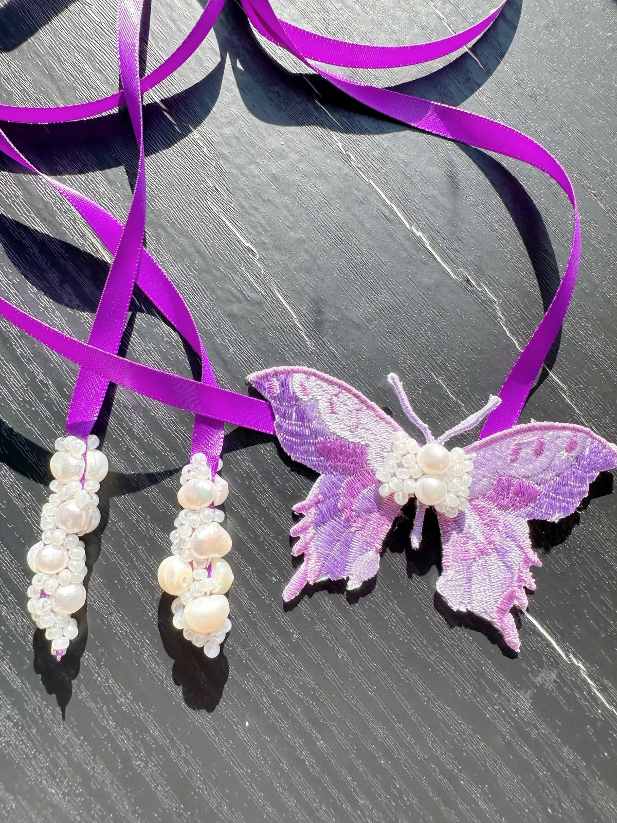 Handmade Choker featuring delicate hand-stitched embroidery of purple color butterfly, adorned with freshwater pearls and glass seed beads