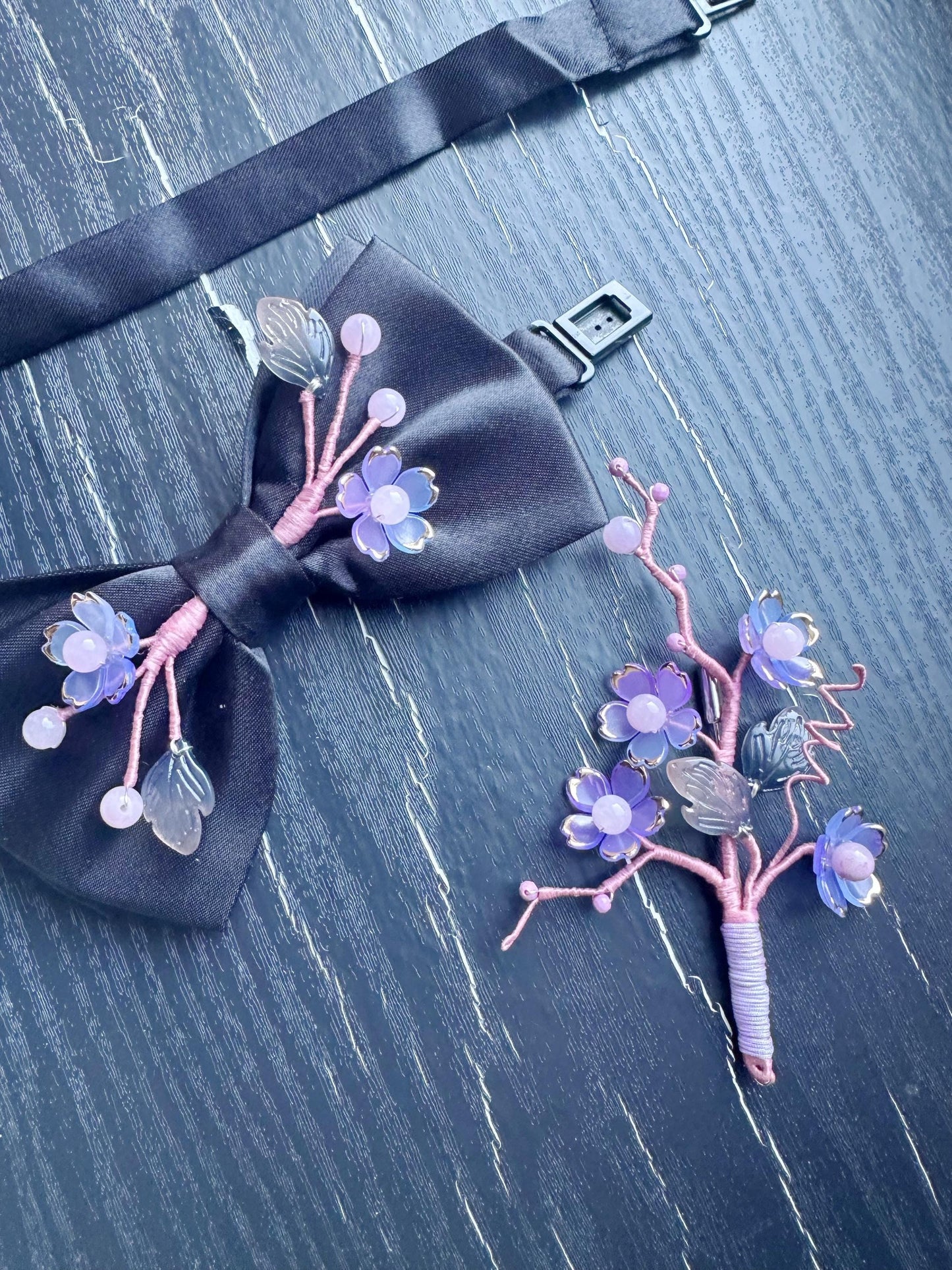 Handmade Bow Tie and brooch set for women Men,Boys – Black Satin Bow Tie flowers Blossom Branch – Asian Inspired Wedding Formal Accessory