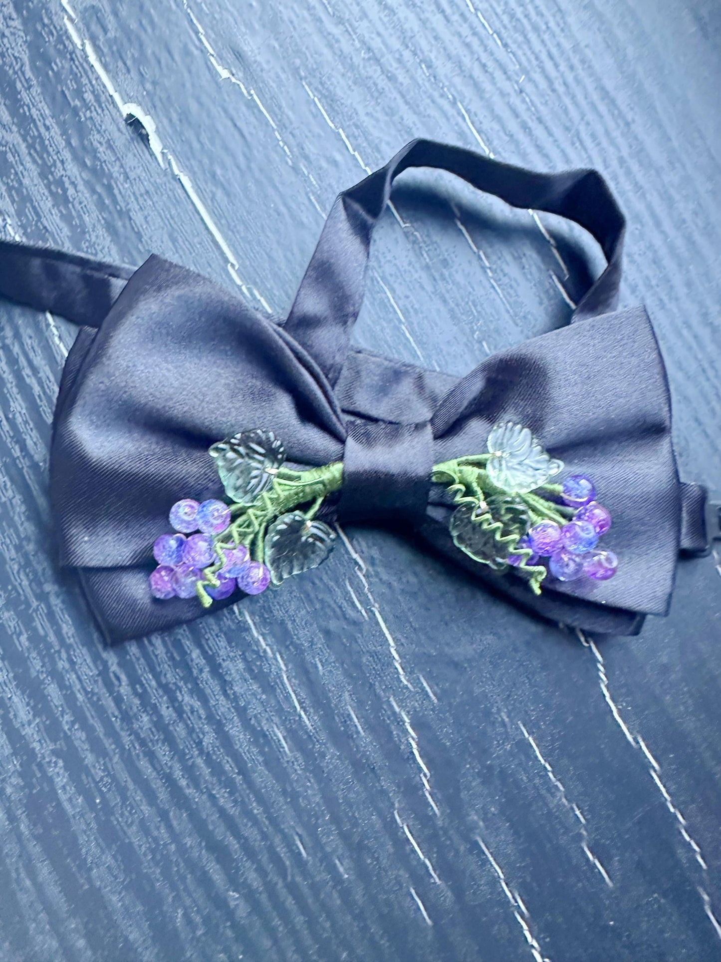 Handmade Bow Tie for women Men,Boys – Black Satin Bow Tie with Purple grape Branch – Asian Inspired Wedding Formal Accessory
