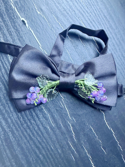 Handmade Bow Tie for women Men,Boys – Black Satin Bow Tie with Purple grape Branch – Asian Inspired Wedding Formal Accessory