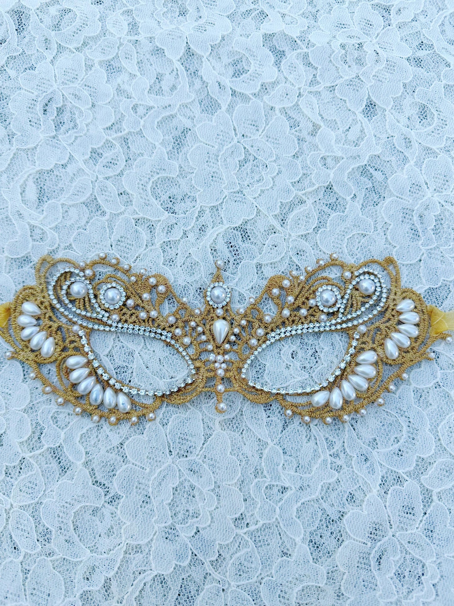 Gold color Lace Masquerade Mask, Embroidered Party Mask with white Resin beads and rhinestone, party mask