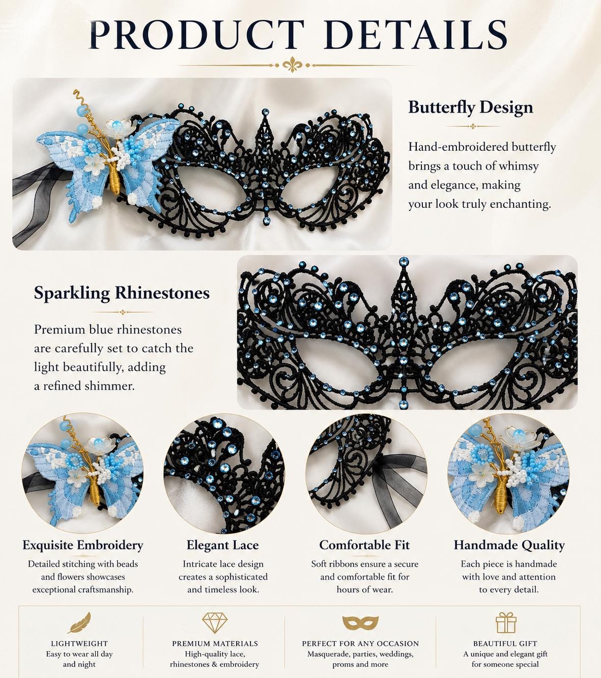 One of a Kind Blue Butterfly Mask, Handmade Black Lace Masquerade Mask, Venetian Eye Mask with Blue color Rhinestones