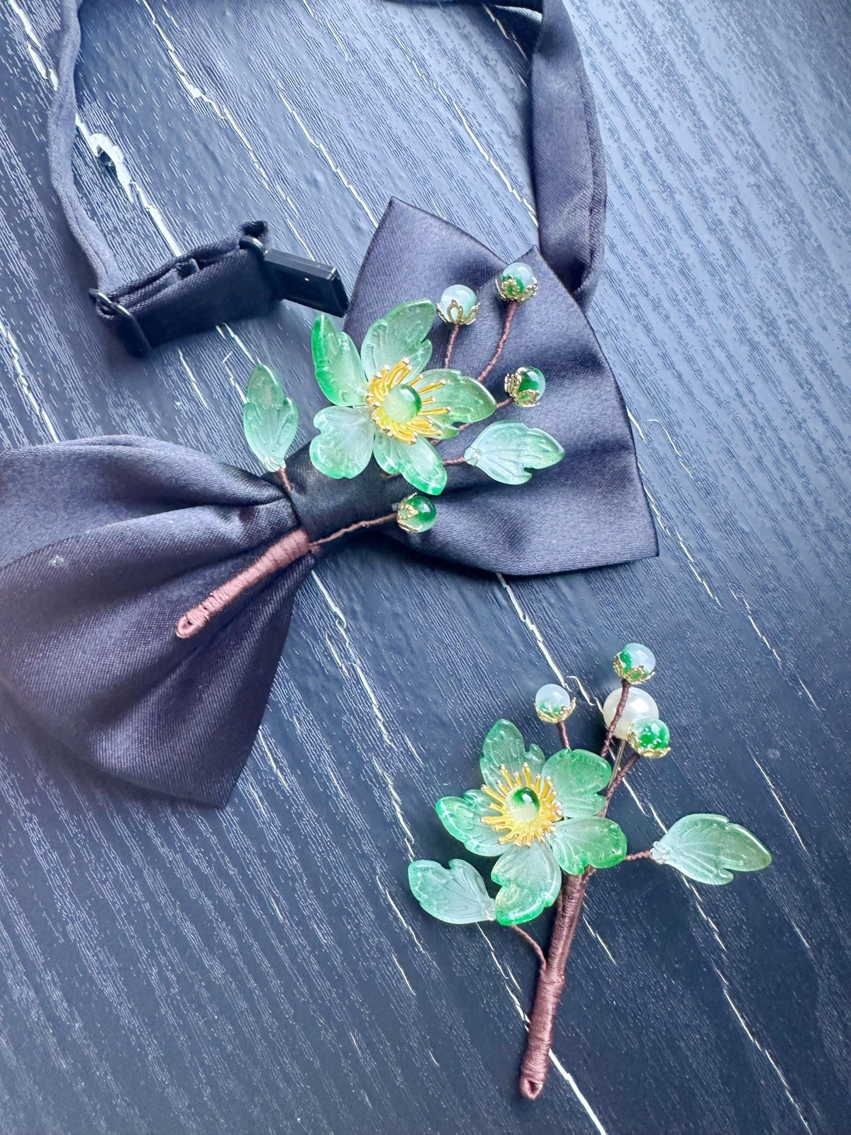 Handmade Bow Tie and brooch set for Women, Men,Boys – Black Satin Bow Tie flowers Blossom Branch – Asian Inspired Wedding Formal Accessory