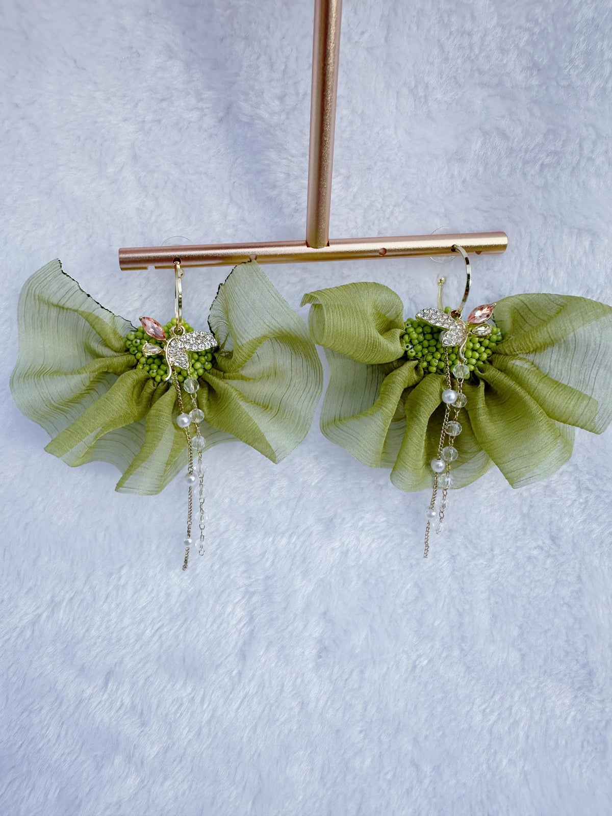Handmade Dangle Earrings: Gold Plated, Green Chiffon Ribbon