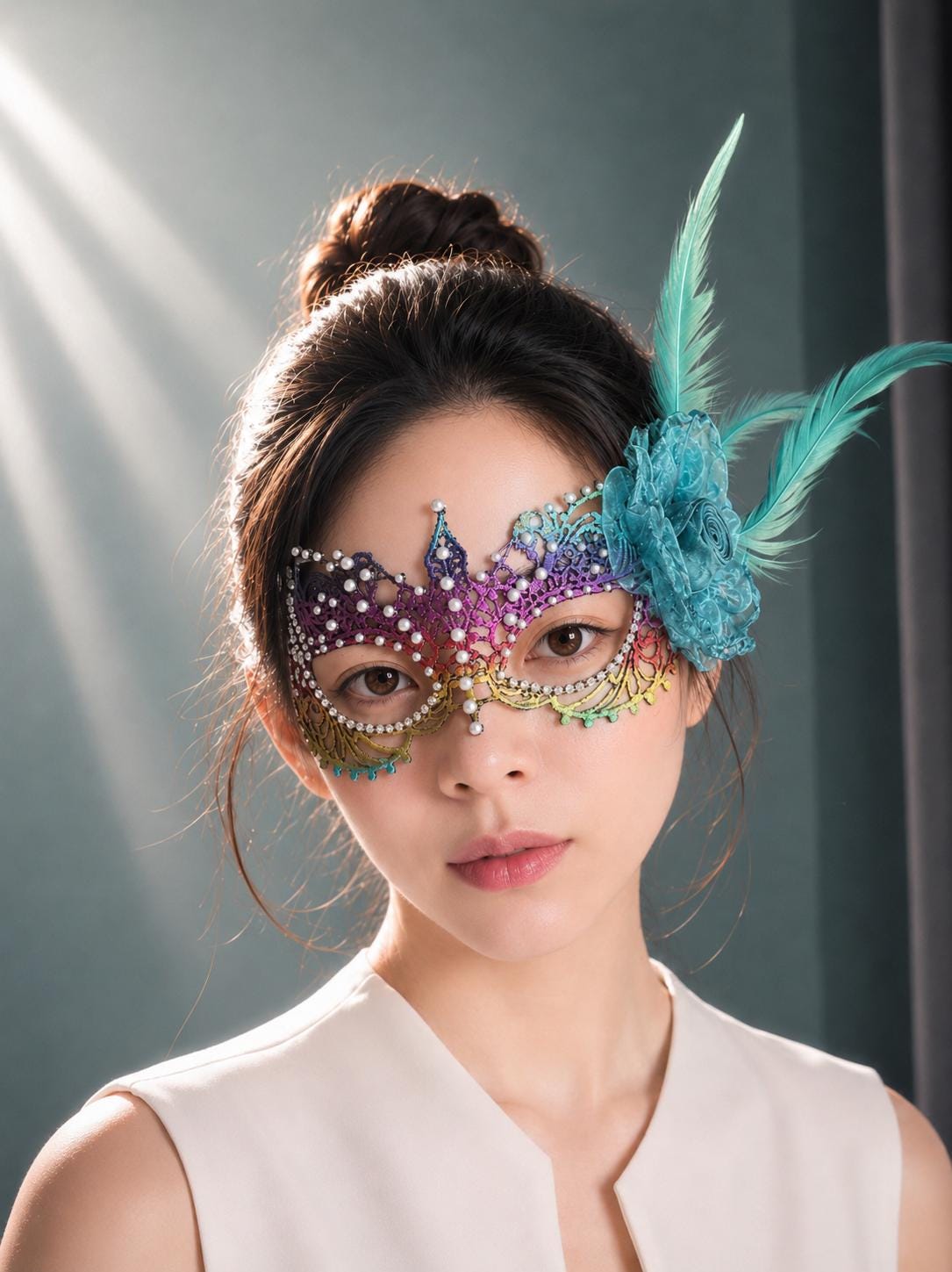 Rainbow color Masquerade Mask with silk flower and white color Resin Pearls , Women's Masquerade Mask, Masquerade Ball Masks, Lace Mask