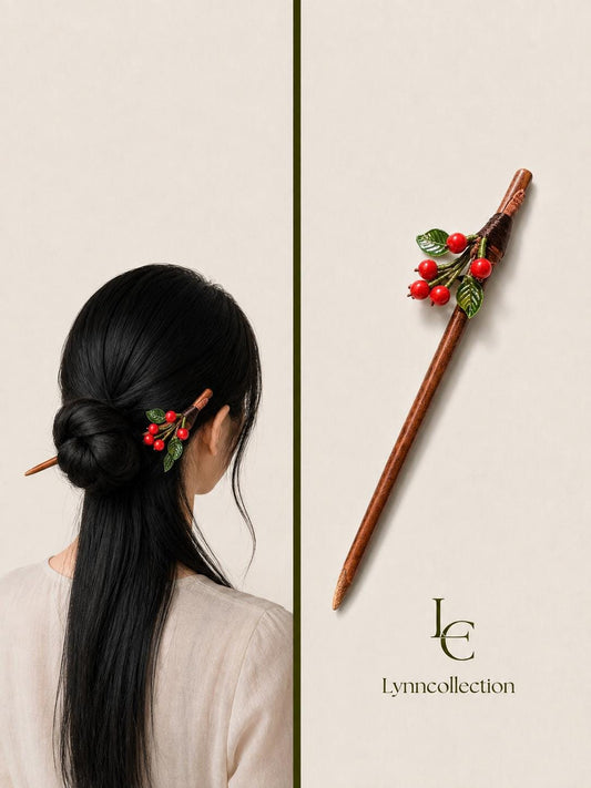 Vintage Hair Stick, Cherry Hairpin, ( coral gemstone) Ancient Style Costume Handmade bamboo Hair Accessory