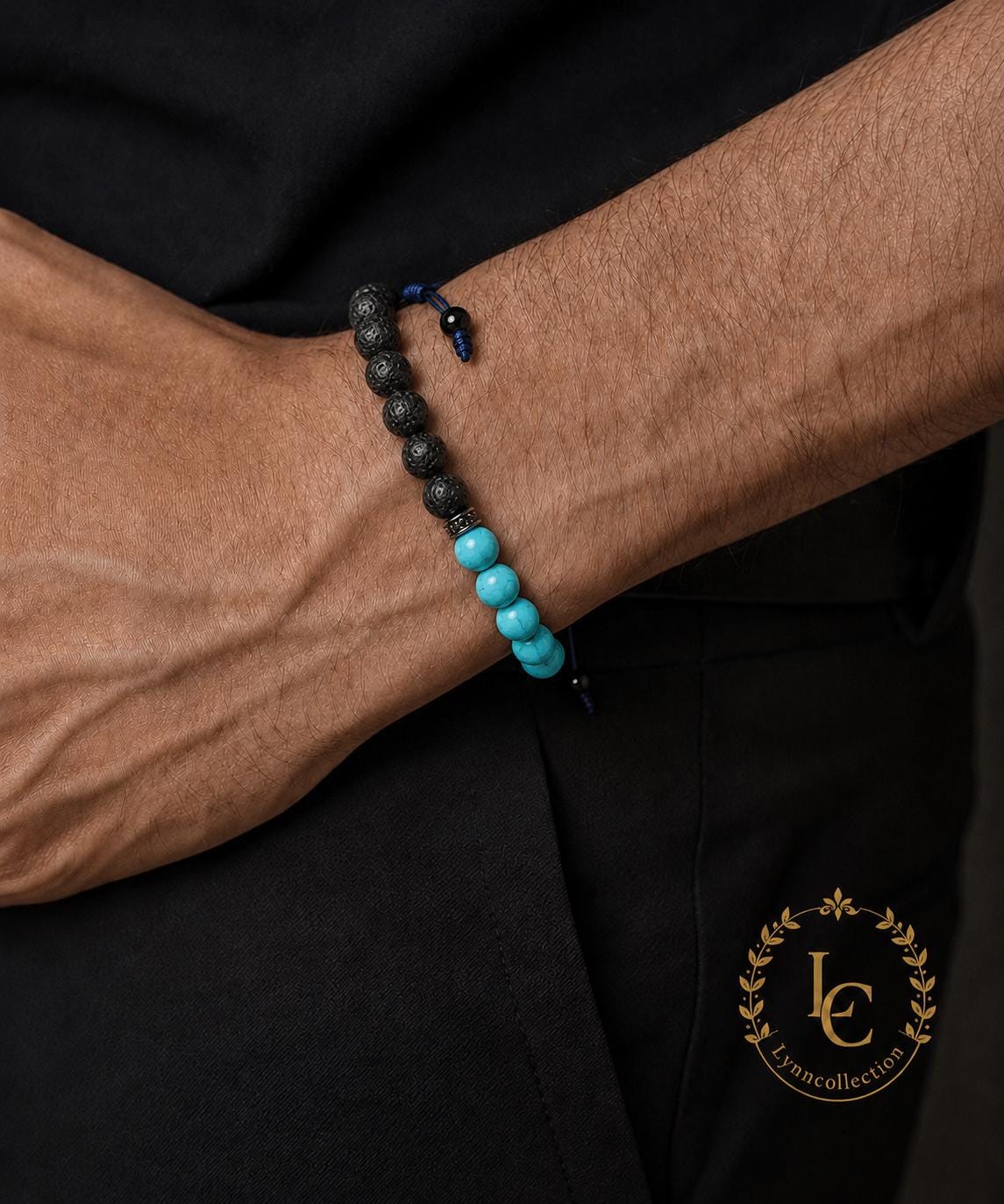 Gemstone Bracelet for HIM OR HER. Black Lava Stone & turquoise Bracelet ,Adjustable Natural Gemstone Bracelet