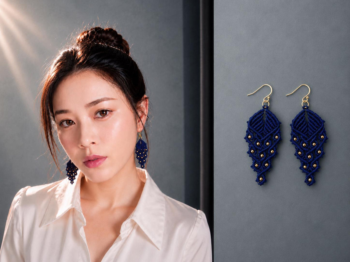 Navy Macrame Dangle Earrings: Bohemian Tribal Jewelry