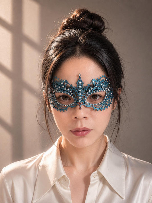 Turquoise Color Masquerade Mask, Rhinestone Venetian Eye Mask, Lace Costume Mask, Mardi Gras, Carnival, Prom, Halloween