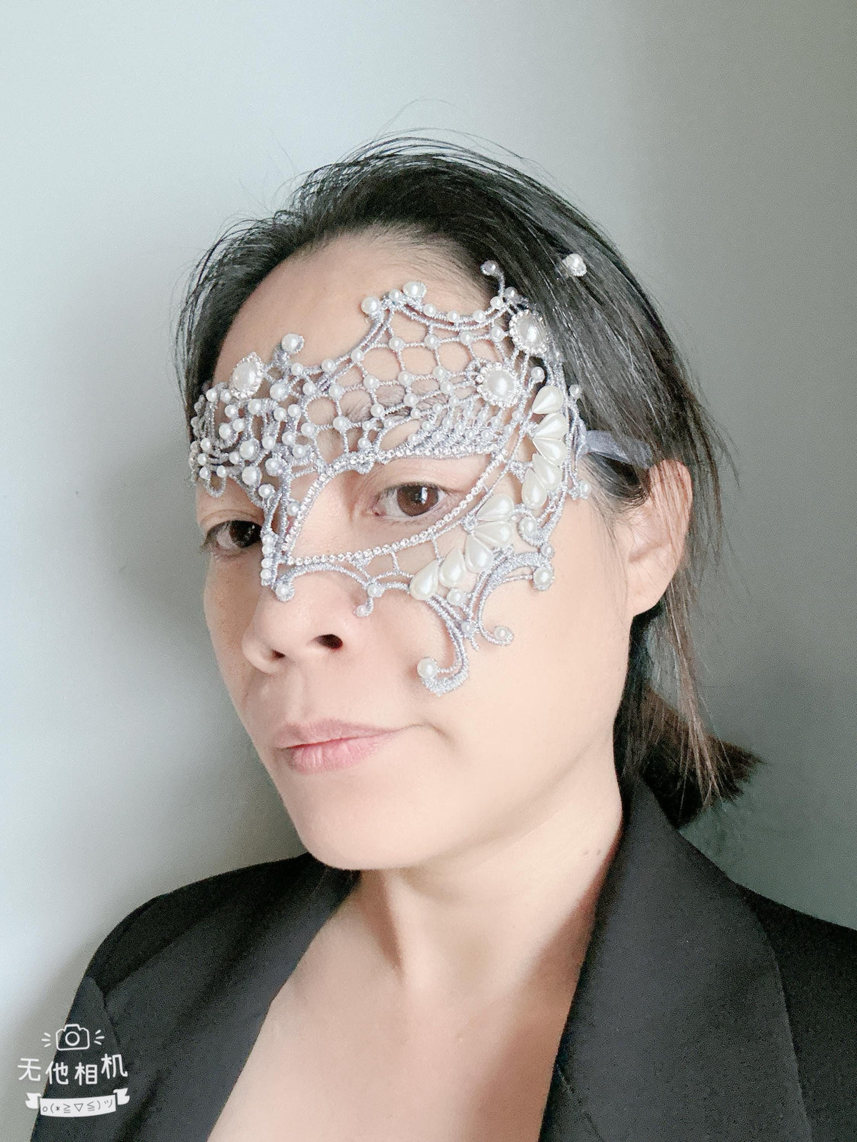 Gray Lace Masquerade Mask, Rhinestones & Pearls