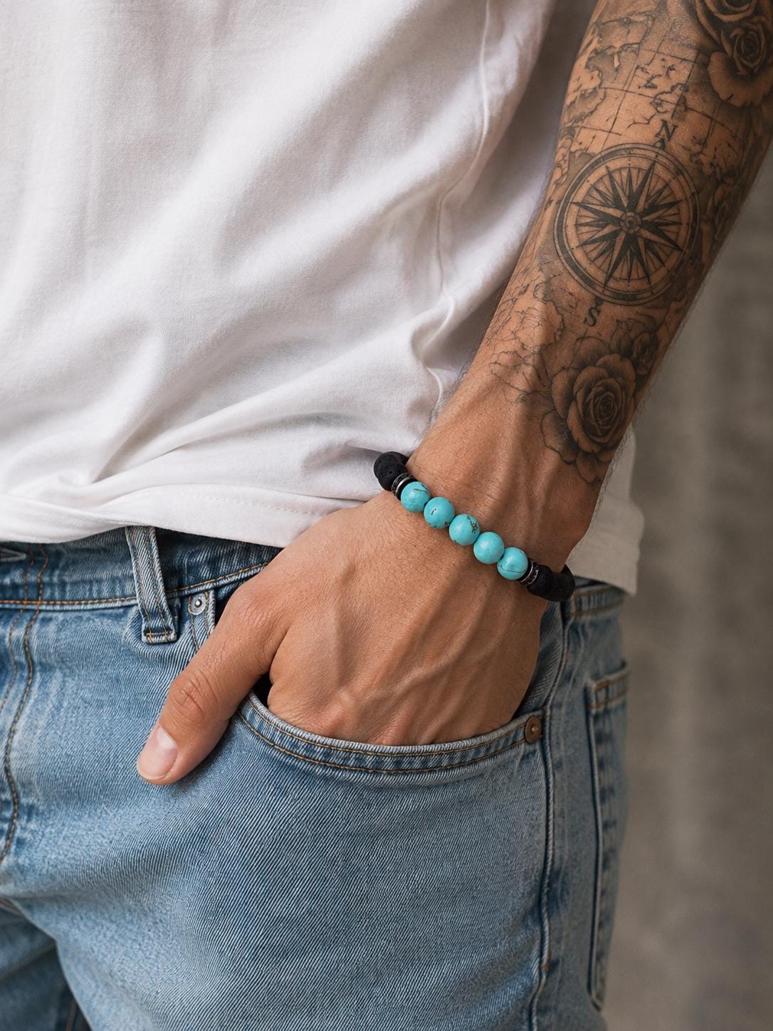 Gemstone Bracelet for HIM OR HER. Black Lava Stone & turquoise Bracelet ,Adjustable Natural Gemstone Bracelet