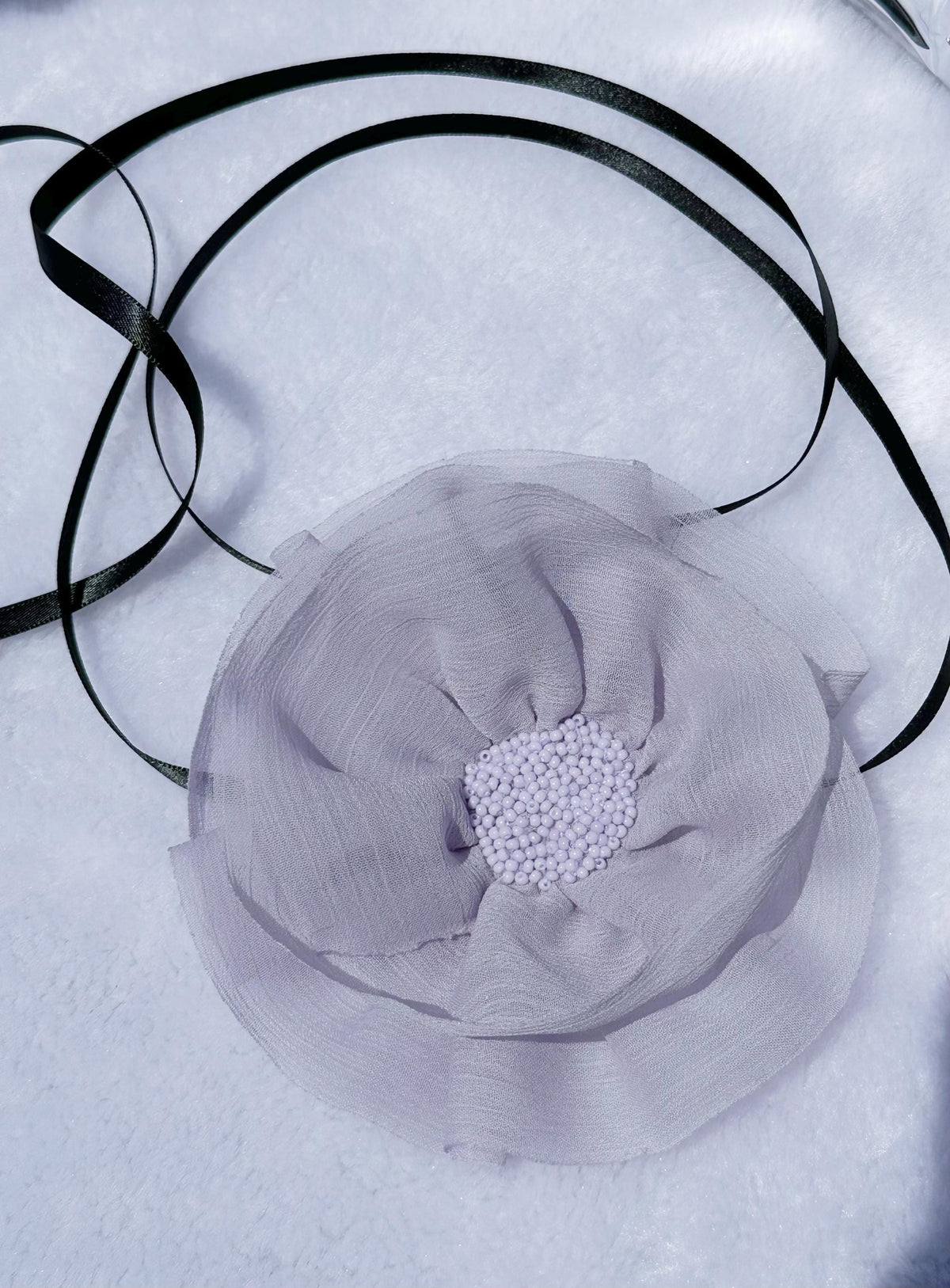 Handmade Peach Ribbon Flower Choker: Black Velvet Vintage Necklace