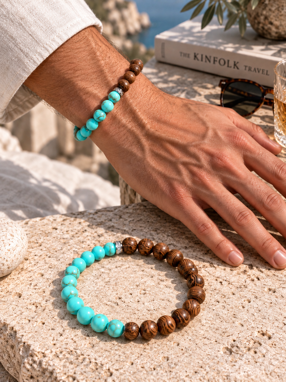 Bracelet for HIM AND HER, Made it with 6mm  Sandalwoods and 6mm Turquoise, Elastic stretch cord